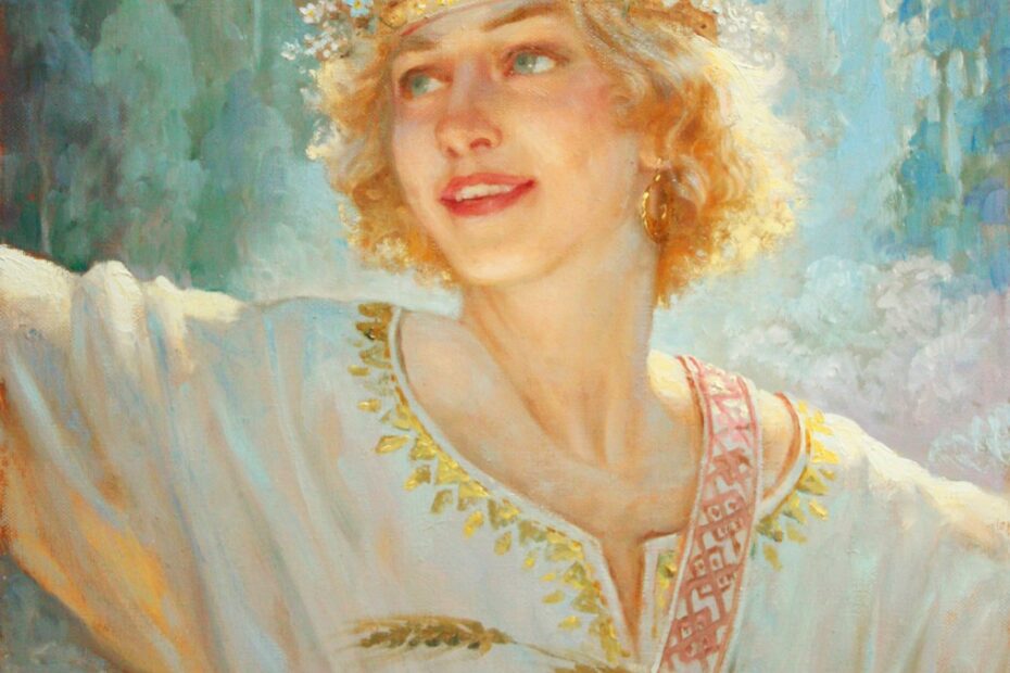 Współczesne neopogańskie wyobrażenie Jaryły w koronie, z głową w ręku i kłosem zboża